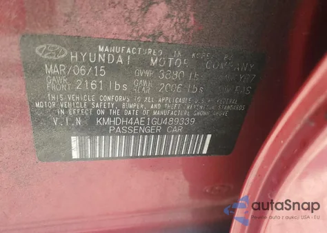 2016 Hyundai Elantra Se z USA, uszkodzony, nr VIN KMHDH4AE1GU489339